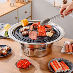 13 Inch Korean BBQ Grill Multifunctional Charcoal Barbecue Grill Round Camping Grill Stove Tabletop - silver