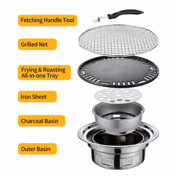 13 Inch Korean BBQ Grill Multifunctional Charcoal Barbecue Grill Round Camping Grill Stove Tabletop - silver