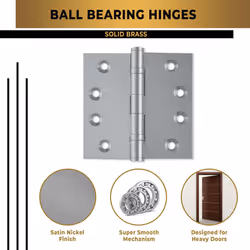 Finsbury Hardware Solid Brass Door Hinge Heavy Duty Ball Bearing Matte Silver 4x4 Inch - Set of 3 Hinges (Satin Nickel)