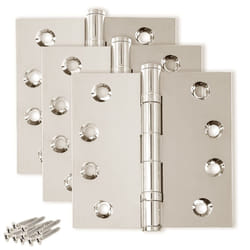 Finsbury Hardware Solid Brass Door Hinge Heavy Duty Ball Bearing Shiny Silver 4x4 Inch - Set of 3 Hinges (Polished Nickel)