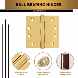 Finsbury Hardware Solid Brass Door Hinge Heavy Duty Ball Bearing Polished Shiny Gold 4x4 Inch - Set of 4 Hinges (Polished Brass)