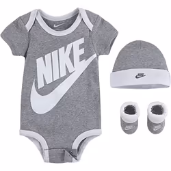 Nike Baby`s Bodysuit Hat and Booties 3 Piece Set (Heather Grey(MN0073-042)/White 6-12 Months)