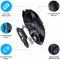 Logitech G502 Lightspeed Wireless Gaming Mouse, Hero 16K Sensor, 16,000 DPI, RGB, Adjustable Weights, 11 Programmable Buttons, Long Battery Life