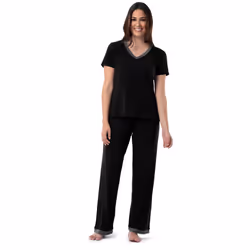 Fruit of the Loom Womens Short Sleeve Tee and Pant 2 Piece Sleep Pajama Set, Black, Small