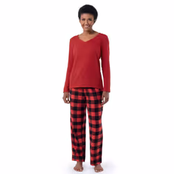 Fruit of the Loom Women's Waffle V-Neck Top and Flannel Pant Sleep Set Radiant Red/Buffalo Check Medium