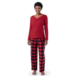 Fruit of the Loom Women's Waffle V-Neck Top and Flannel Pant Sleep Set  Radiant Red/Buffalo Check  Large