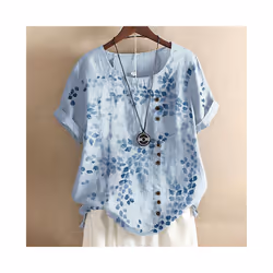 Womens Cotton Linen Summer Short Sleeve Tops Ladies Casual Crew Neck T Shirts - Blue, XL=UK 12