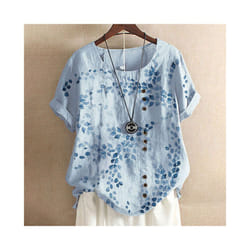 Womens Cotton Linen Summer Short Sleeve Tops Ladies Casual Crew Neck T Shirts - Blue, XL=UK 12