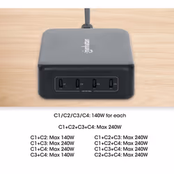 Manhattan Mains USB-C Laptop Charging Station 4-port, Universal charging for ALL laptops (incl power hungry gaming machines & equivalent) with ports to simultaneously charge phones/watches/earpods/etc, GaN, Each PD port up to 140W (Max 240W), UK Power cord, Charger - Additional view 4