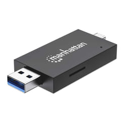 Manhattan USB-A / USB-C combo Multi-Card Reader/Writer, 5 Gbps (USB 3.2 Gen1 aka USB 3.0), Male to microSD and SD/MMC Slots, Mini Format, SuperSpeed USB, Windows or Mac, Black/Transparent, Three Year Warranty