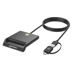 Manhattan USB-A / USB-C combo Smart Card Reader, USB 2.0 Type-C and Type-A Male to Contact Reader Interface, Supports Windows, macOS and Linux, Reads SIM Cards with Adapter (not included or available from ), 1m Cable, Black