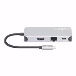 Manhattan USB-C Dock/Hub with Card Reader, Ports (x6): Ethernet, HDMI, USB-A (x3) and USB-C, With Power Delivery (10W) to USB-C Port (Note additional USB-C wall charger and USB-C cable needed), Cable 15cm, Aluminium, Silver, Three Year Warranty, Retail Box - Additional view 6