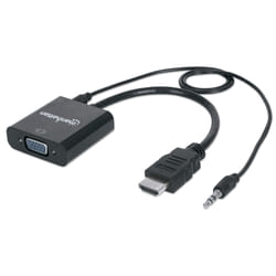 Manhattan HDMI to VGA (with Audio) Converter cable, 1080p, 30cm, Male to Female, Micro-USB Power Input Port for additional power if needed, Black, Three Year Warranty, Blister