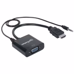Manhattan HDMI to VGA (with Audio) Converter cable, 1080p, 30cm, Male to Female, Micro-USB Power Input Port for additional power if needed, Black, Three Year Warranty, Blister