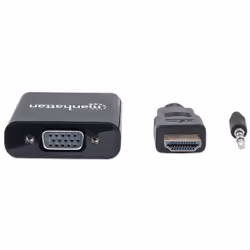 Manhattan HDMI to VGA (with Audio) Converter cable, 1080p, 30cm, Male to Female, Micro-USB Power Input Port for additional power if needed, Black, Three Year Warranty, Blister