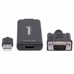 Manhattan VGA and USB-A to HDMI Converter, Analog VGA Video and USB Audio to Digital HDMI Signal, 1920x1080, 1080p@60Hz, 24-bit colour, 1.65 Gbps / 165 MHz, Three Year Warranty, Blister
