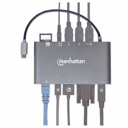 Manhattan USB-C Dock/Hub with Card Reader, Ports (x8): USB-C to HDMI, Audio 3.5mm, Ethernet, Mini DisplayPort, USB-A (x3) and USB-C, With Power Delivery (60W) to USB-C Port (Note add USB-C wall charger and USB-C cable needed), All Ports can be used at the same time - Additional view 6
