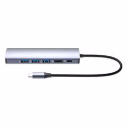 Manhattan USB-C Dock/Hub, Ports (x6): Ethernet, HDMI, USB-A (x3) and USB-C, With Power Delivery (100W) to USB-C Port (Note additional USB-C wall charger and USB-C cable needed), USB 3.2 Gen 1, All Ports can be used at the same time, Aluminium, Silver - Additional view 4