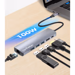 Manhattan USB-C Dock/Hub, Ports (x6): Ethernet, HDMI, USB-A (x3) and USB-C, With Power Delivery (100W) to USB-C Port (Note additional USB-C wall charger and USB-C cable needed), USB 3.2 Gen 1, All Ports can be used at the same time, Aluminium, Silver - Additional view 7