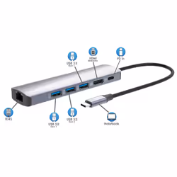 Manhattan USB-C Dock/Hub, Ports (x6): Ethernet, HDMI, USB-A (x3) and USB-C, With Power Delivery (100W) to USB-C Port (Note additional USB-C wall charger and USB-C cable needed), USB 3.2 Gen 1, All Ports can be used at the same time, Aluminium, Silver - Additional view 8