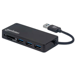 Manhattan USB-A 3-Port Hub with Card Reader, 3x USB-A ports, 5 Gbps (USB 3.2 Gen1 aka USB 3.0), SD, MicroSD, MMC and Memory Stick; Bus Power, SuperSpeed USB, Black, Three Year Warranty, Box