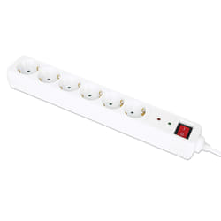 Manhattan Power Distribution Unit EU (2-pin), x6 gang/output with on/off switch (neon) and Surge Protection, 2m cable, 16A, White, Extension Lead, PDU, Power Strip, Three Year Warranty