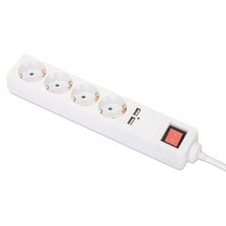 Manhattan Power Distribution Unit EU (2-pin), x4 gang/output & x2 USB-A ports with on/off switch, 2m cable, 16A, White, Extension Lead, PDU, Power Strip, 2.1A shared USB-A output, Three Year Warranty