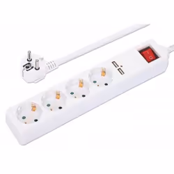 Manhattan Power Distribution Unit EU (2-pin), x4 gang/output & x2 USB-A ports with on/off switch, 2m cable, 16A, White, Extension Lead, PDU, Power Strip, 2.1A shared USB-A output, Three Year Warranty