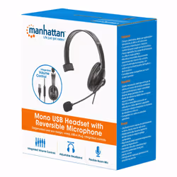 Manhattan Mono Over-Ear Headset (USB), Reversible Microphone Boom (padded), Retail Box Packaging, In-Line Volume/Mute Control, Padded Ear Cushion, USB-A for both sound and mic use, cable 2m, Three Year Warranty - Additional view 6
