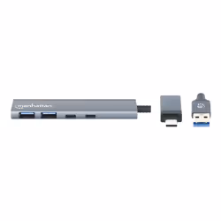 Manhattan USB-C & USB-A Combo Dock/Hub, Ports (4): USB-A (x2) and USB-C (x2), 5 Gbps (USB 3.2 Gen1 aka USB 3.0), External Power Supply Not Needed, Aluminium, SuperSpeed USB, Space Grey