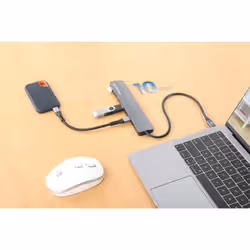 Manhattan USB-C Dock/Hub, Ports (x7): USB-A (x3) and USB-C (x4), With Power Delivery (100W) to USB-C Port (Note additional USB-C wall charger and USB-C cable needed), USB 3.2 Gen 2, All Ports can be used at the same time, Universal, Aluminium, Space Grey - Additional view 2