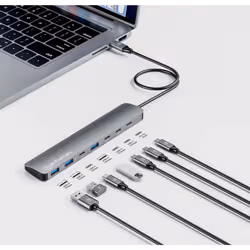 Manhattan USB-C Dock/Hub, Ports (x7): USB-A (x3) and USB-C (x4), With Power Delivery (100W) to USB-C Port (Note additional USB-C wall charger and USB-C cable needed), USB 3.2 Gen 2, All Ports can be used at the same time, Universal, Aluminium, Space Grey - Additional view 4