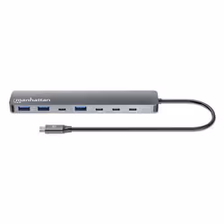 Manhattan USB-C Dock/Hub, Ports (x7): USB-A (x3) and USB-C (x4), With Power Delivery (100W) to USB-C Port (Note additional USB-C wall charger and USB-C cable needed), USB 3.2 Gen 2, All Ports can be used at the same time, Universal, Aluminium, Space Grey - Additional view 5