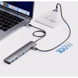 Manhattan USB-C Dock/Hub, Ports (x7): USB-A (x3) and USB-C (x4), With Power Delivery (100W) to USB-C Port (Note additional USB-C wall charger and USB-C cable needed), USB 3.2 Gen 2, All Ports can be used at the same time, Universal, Aluminium, Space Grey - Additional view 6