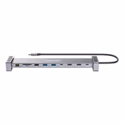 Manhattan USB-C Dock/Hub with Card Reader and MST, Ports (x7): GB Ethernet, HDMI (x2 4k@60Hz), USB-A (x3) and USB-C, Power Delivery (100W) to USB-C Port (Note add USB-C wall charger and USB-C cable needed),4K@60Hz,All Ports can be used at the same time, Aluminium - Additional view 4