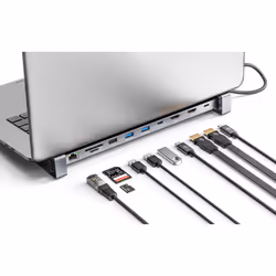 Manhattan USB-C Dock/Hub with Card Reader and MST, Ports (x7): GB Ethernet, HDMI (x2 4k@60Hz), USB-A (x3) and USB-C, Power Delivery (100W) to USB-C Port (Note add USB-C wall charger and USB-C cable needed),4K@60Hz,All Ports can be used at the same time, Aluminium - Additional view 5