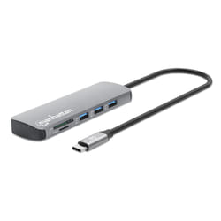 Manhattan USB-C Dock/Hub with Card Reader, Ports (x7): Ethernet, HDMI, USB-A (x3) and USB-C (x2), With Power Delivery (100W) to USB-C Port (Note additional USB-C wall charger and USB-C cable needed), USB 3.2 Gen 1, All Ports can be used at the same time, Universal