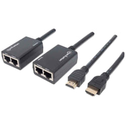 Manhattan 1080p HDMI over Ethernet Extender with Integrated Cables, Distances up to 30m with 2x Cat5e or Cat6 Ethernet Cables (not included), Black, Three Year Warranty, Blister