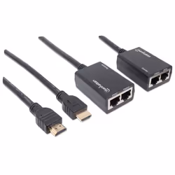 Manhattan 1080p HDMI over Ethernet Extender with Integrated Cables, Distances up to 30m with 2x Cat5e or Cat6 Ethernet Cables (not included), Black, Three Year Warranty, Blister