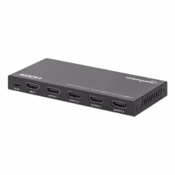 Manhattan HDMI Splitter with downscaling 4-Port , 4K@60Hz, Displays output from x1 HDMI source to x4 HD displays (same output to four displays), Downscale button to adjust a 4K input signal into 1080p, Micro-USB to USB-A power cable included (cable 0.8m), Black - Additional view 4