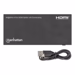 Manhattan HDMI Splitter with downscaling 4-Port , 4K@60Hz, Displays output from x1 HDMI source to x4 HD displays (same output to four displays), Downscale button to adjust a 4K input signal into 1080p, Micro-USB to USB-A power cable included (cable 0.8m), Black - Additional view 7