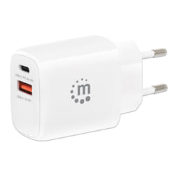 Manhattan Wall/Power Mobile Device Charger (Euro 2-pin), USB-C and USB-A ports, USB-C Output: 20W, USB-A Output: 18W, White, Phone/Tablet Charger, Three Year Warranty, Retail Box