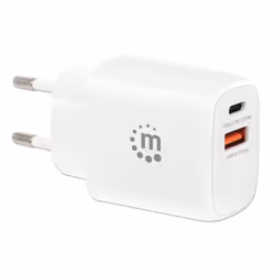 Manhattan Wall/Power Mobile Device Charger (Euro 2-pin), USB-C and USB-A ports, USB-C Output: 20W, USB-A Output: 18W, White, Phone/Tablet Charger, Three Year Warranty, Retail Box - Additional view 2