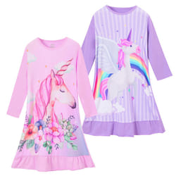 ZEBZOO Nightgowns for Girls Unicorn Dress Toddler Kids Pajamas Long Sleeve Night Gown(2-Pack 4-5 Years)