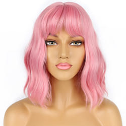 LANCAINI Pastel Bob Wigs with Bangs for Women Loose Wavy Wig Pastel Wavy Shoulder Length Bob Synthetic Cosplay Wig for Girl Colorful Costume Wigs (Pin