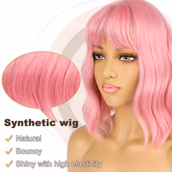 LANCAINI Pastel Bob Wigs with Bangs for Women Loose Wavy Wig Pastel Wavy Shoulder Length Bob Synthetic Cosplay Wig for Girl Colorful Costume Wigs (Pin