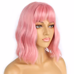 LANCAINI Pastel Bob Wigs with Bangs for Women Loose Wavy Wig Pastel Wavy Shoulder Length Bob Synthetic Cosplay Wig for Girl Colorful Costume Wigs (Pin
