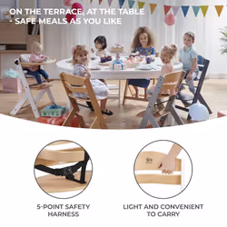 Kinderkraft Wooden Highchair 3 in 1 ENOCK, Multifunctional Baby Chair, Ajustable Heigh and Footrest, Safety Harness, with Detachable Tra