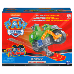 PAW Patrol , Moto Pups Rocky’s Deluxe Pull Back Motorcycle Vehicle with Wheelie Feature and Toy Figure