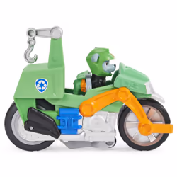 PAW Patrol , Moto Pups Rocky’s Deluxe Pull Back Motorcycle Vehicle with Wheelie Feature and Toy Figure
